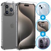 iPhone 15 Pro Doorzichtig Hoesje + 9H Tempered Glass Screen Protector + Camera Protector Transparant | Schokbestendig | 360° Beschermset | 3 in 1 Set