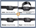 Vier stappen voor het bevestigen van een airbagband aan een smartwatch. De band is afneembaar.