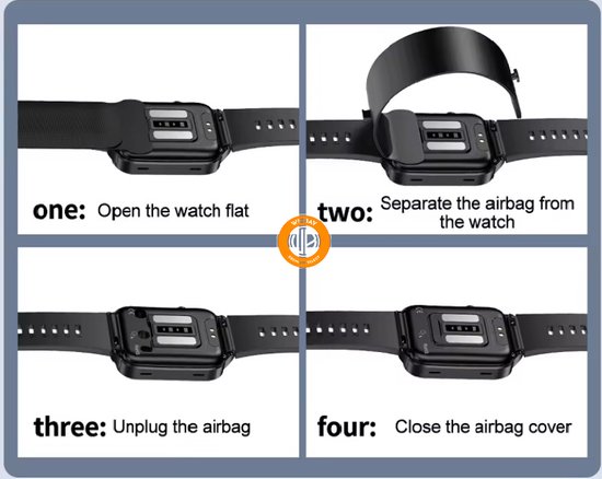 Vier stappen voor het bevestigen van een airbagband aan een smartwatch. De band is afneembaar.