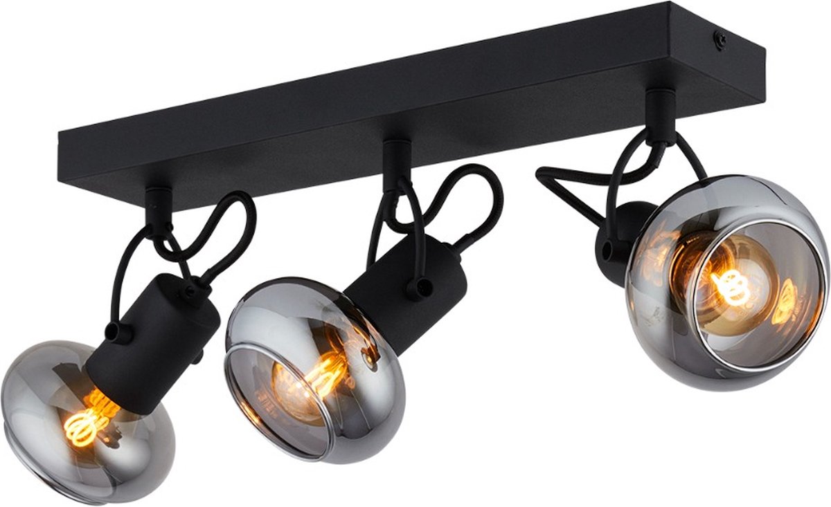 Art deco plafondlamp zwart met smoke glas 3-lichts - Milo