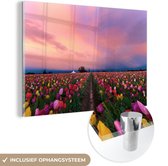MuchoWow® Glasschilderij 180x120 cm - Schilderij acrylglas - Tulpenveld zonsondergang - Foto op glas - Schilderijen