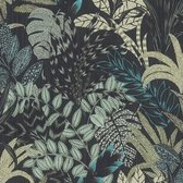Papier peint Fleurs Profhome 378603-GU papier peint intissé légèrement texturé avec un motif exotique noir mat bleu gris vert 5,33 m2