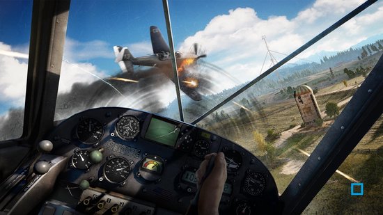 Zicht vanuit een cockpit op een gevechtsvliegtuig dat uit de lucht valt.