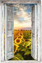 Tuinposter doorkijk - Doorkijk deur - Bloemen - Zonnebloem - Zon - Natuur - Wolken - Geel - Tuindecoratie - Tuin - Tuinschilderij voor buiten - 120x180 cm - Schutting decoratie - Tuindoek - Schuttingdoek