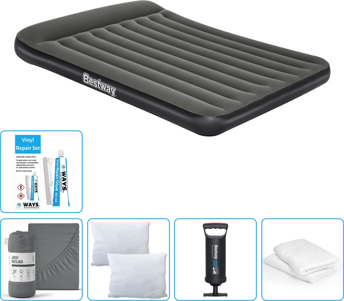 Bestway luchtbed - 2-Persoons - 152 x 203 x 30 cm - Groen - Inclusief Hoeslaken - Kussen - Kussenbeschermer - Pomp en Reparatieset