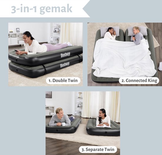 Matelas pneumatique Bestway - 3 en 1 - 1 personne - 2 personnes - 99 x 188 x 25 cm - Vert - Comprend Hoeslaken - Pompe et kit de réparation