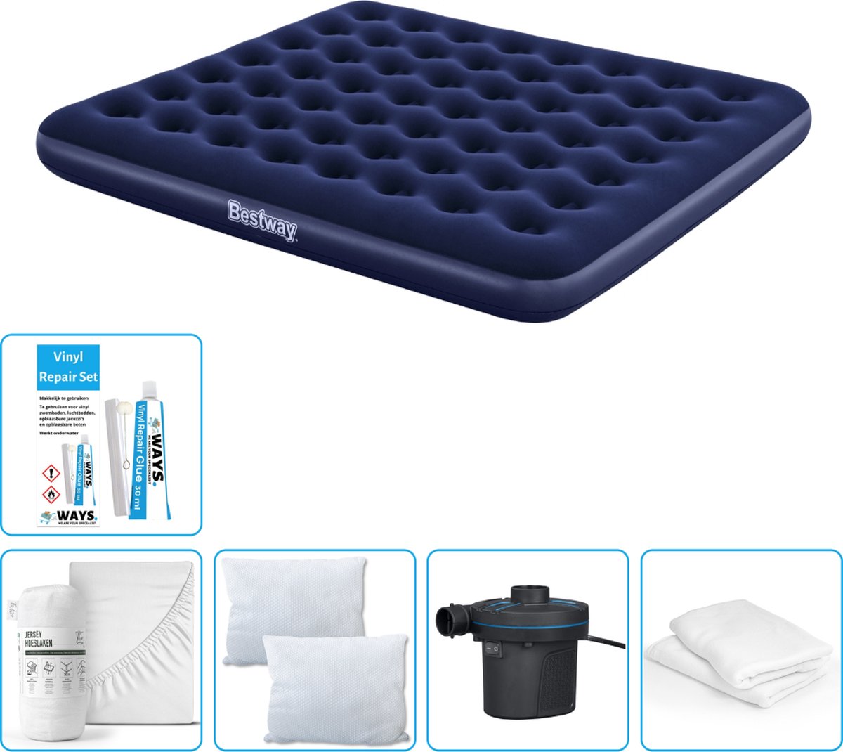 Bestway luchtbed - 2-Persoons - 183 x 203 x 22 cm - Blauw - Inclusief Hoeslaken - Kussen - Kussenbeschermer - Pomp en Reparatieset