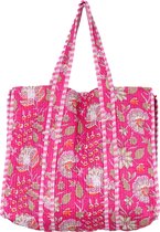 Quilted shopper fuchsia bloemen - katoenen grote tas met print - doorgestikte schoudertas - reversible - roze