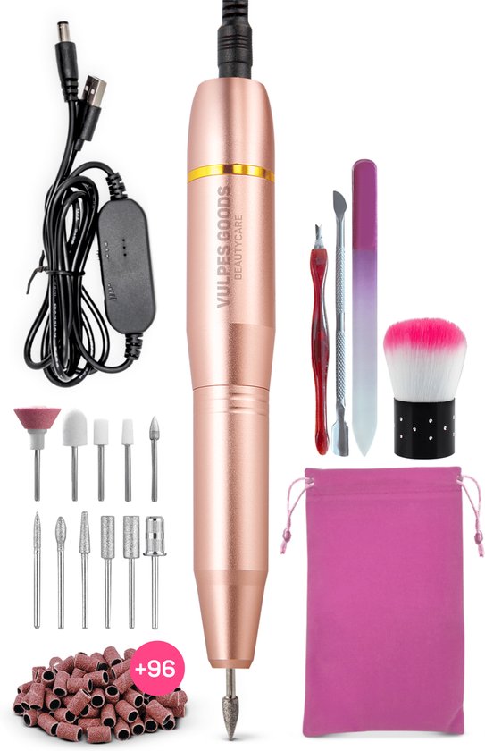 Vulpes Goods® BeautyCare - Elektrische Nagelvijl - 11 Nagelfrees Bitjes, 3 soorten Schuurrolletjes, 96 stuks & Draagtas - Manicure & Pedicure set - Limited Edition - Rosé/Goud