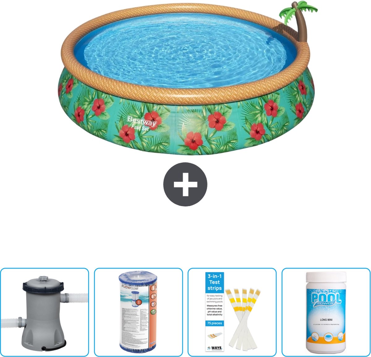 Bestway Rond Opblaasbaar Fast Set Zwembad – Paradijsprint – 457 x 84 cm – Inclusief Pomp Filter – Testrips – Chloor Bestway Rond Opblaasbaar Fast Set Zwembad – Paradijsprint – 457 x 84 cm – Inclusief Pomp Filter – Testrips – Chloor