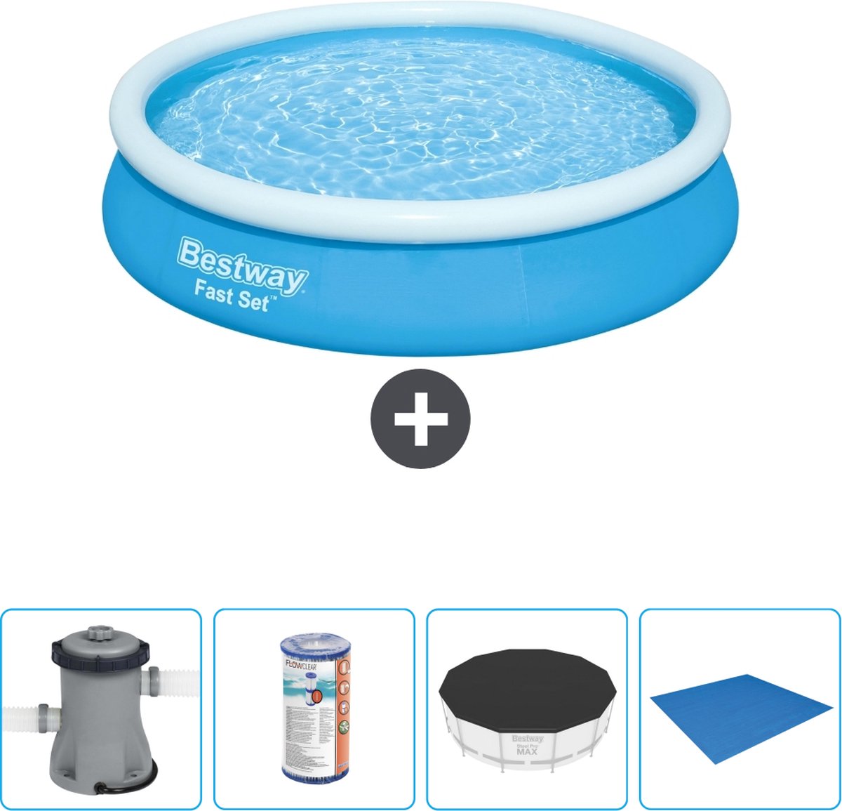 Bestway Rond Opblaasbaar Fast Set Zwembad - 366 x 76 cm - Blauw - Inclusief Pomp Filter - Afdekzeil - Grondzeil