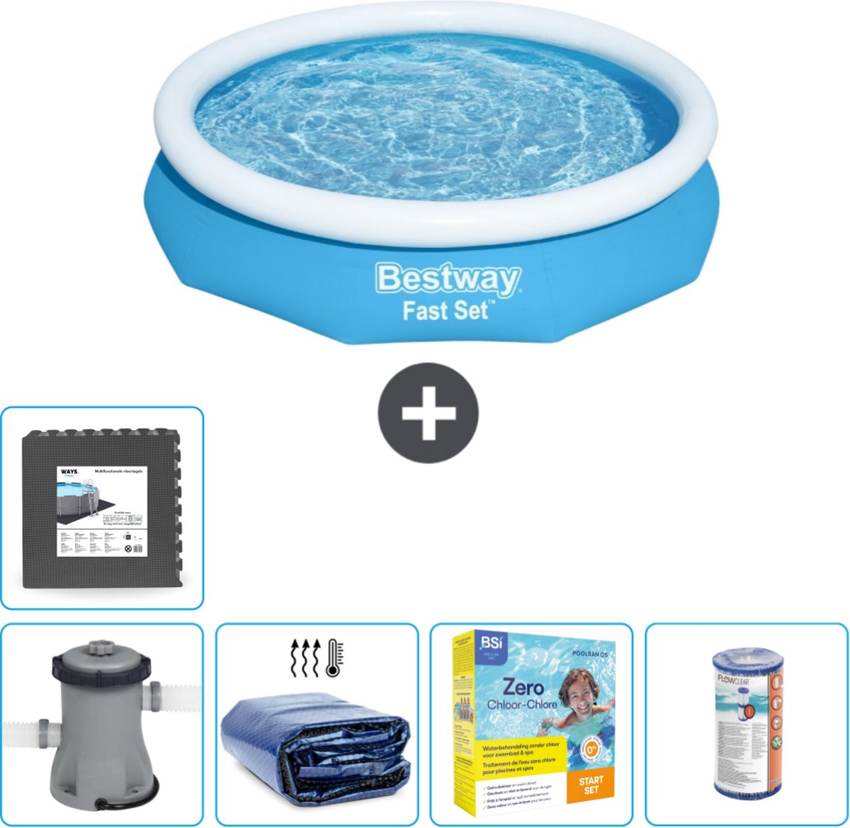 Bestway Rond Opblaasbaar Fast Set Zwembad – 305 x 66 cm – Blauw – Inclusief Pomp Solarzeil – Onderhoudspakket – Filter – Vloertegels Bestway Rond Opblaasbaar Fast Set Zwembad – 305 x 66 cm – Blauw – Inclusief Pomp Solarzeil – Onderhoudspakket – Filter – Vloertegels