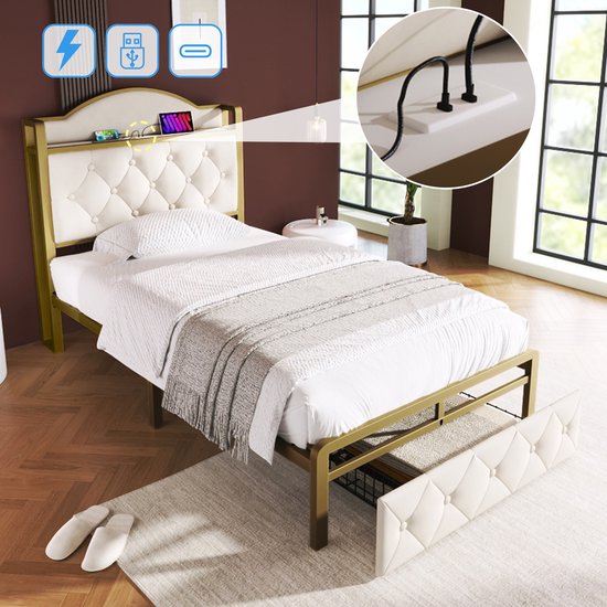 Sweiko Gestoffeerd bed met USB Type C oplaadfunctie en laden, eenpersoonsbed 90 x 200 opbergbedden Bed frame met lattenboden gemaakt van metalen frame, Licht Beige (zonder matras)