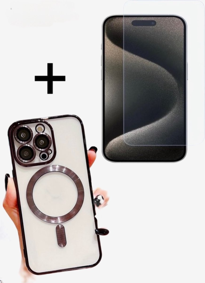 iPhone 15 Pro Max Magnetisch Hoesje Met Lensbeschermer met gratis Screenprotector - Magsafe - Zwart - Magneet Case Met Ring iPhone 15 Pro Max transparant gekleurde rand - zwart - Beschermglas