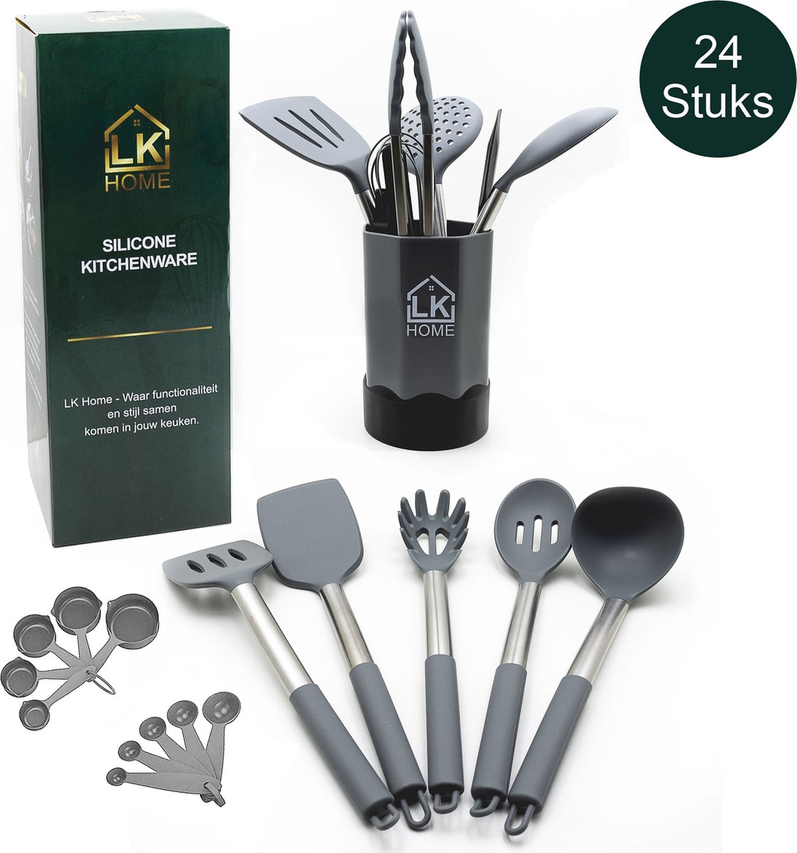 LK HOME LUXE Siliconen RVS Keukengerei Grijs 24 stuks keukentools kookgerei keukenaccessoires siliconen RVS spatel met houder emmer