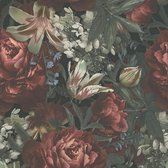 Bloemen behang Profhome 385091-GU vliesbehang hardvinyl warmdruk in reliëf glad met bloemen patroon mat rood groen zwart beige 5,33 m2