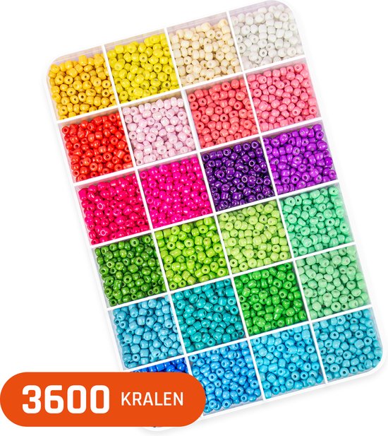 Kralen Set Glaskralen 4 mm voor sieraden maken, ketting, telefoonkoord en armbandjes maken meisjes - 24 kleuren - 3600 Rocailles in opbergbox