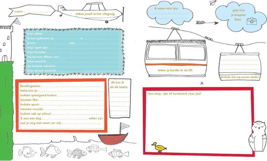 Een dubbele pagina met tekeningen van een boot, vissen, een kasteel, een vliegtuig, en informatievelden om in te vullen.
