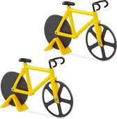 Relaxdays 2x pizzasnijder fiets - pizzames racefiets - pizzaroller - geel- deegroller