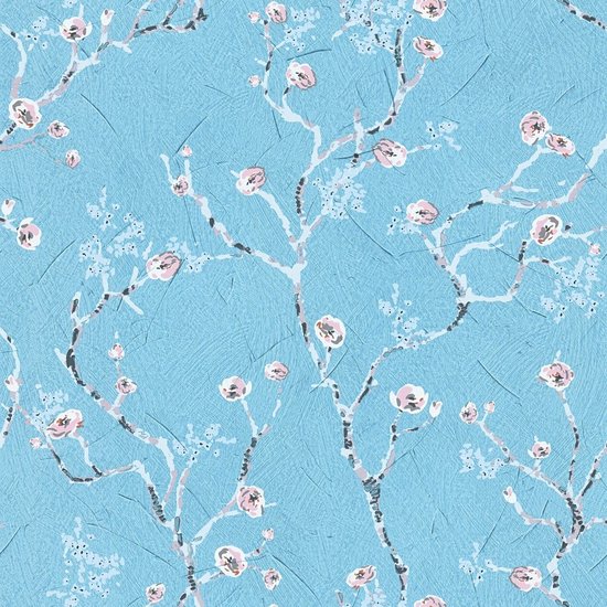 Bloemen behang Profhome 387393-GU glad vliesbehang zonder structuur glad met bloemen patroon mat blauw roze wit grijs 5,33 m2
