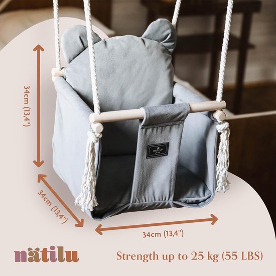 Babyschommelset met veiligheidsgordel, haken, ringen, beer, grijs fluweel, schommel voor baby's binnen en buiten, kinderschommel, babyschommel, deurkozijn, babyschommel, outdoor, van Benlemi — afbeelding 3