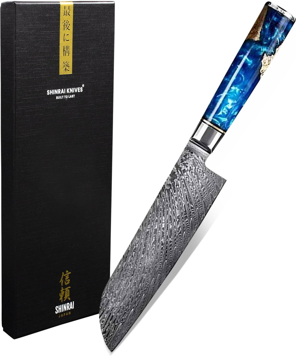 Shinrai Knives - Santokumes 18 cm - Koksmes - Damascus Mes - Epoxy Sapphire - Met Luxe Geschenkdoos - Keukenmes - Japans Koksmes