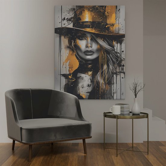 Artaza Canvas Schilderij Vrouw in een Hoed - 90x120 cm - Wanddecoratie Woonkamer - Schilderijen - Muurdecoratie