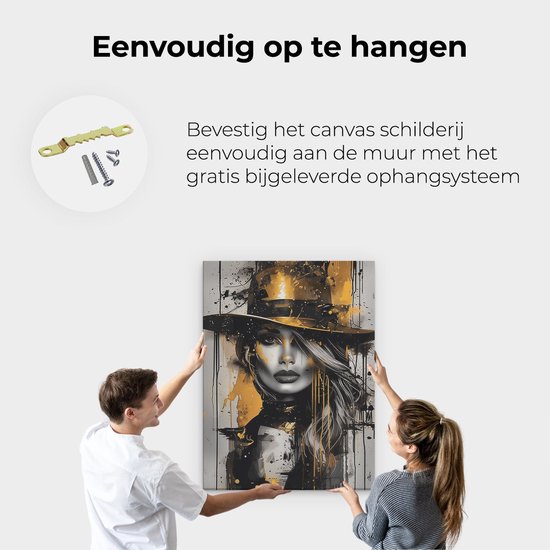 Artaza Canvas Schilderij Vrouw in een Hoed - 90x120 cm - Wanddecoratie Woonkamer - Schilderijen - Muurdecoratie