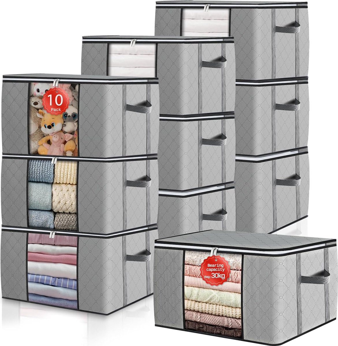 Opbergtas, 90 liter, opbergdoos met deksel, grote versterkte handgrepen, kleding, verhuisdozen voor dekbedden, onderbed, opslag, kledingkast, boxen, organizer, grijs