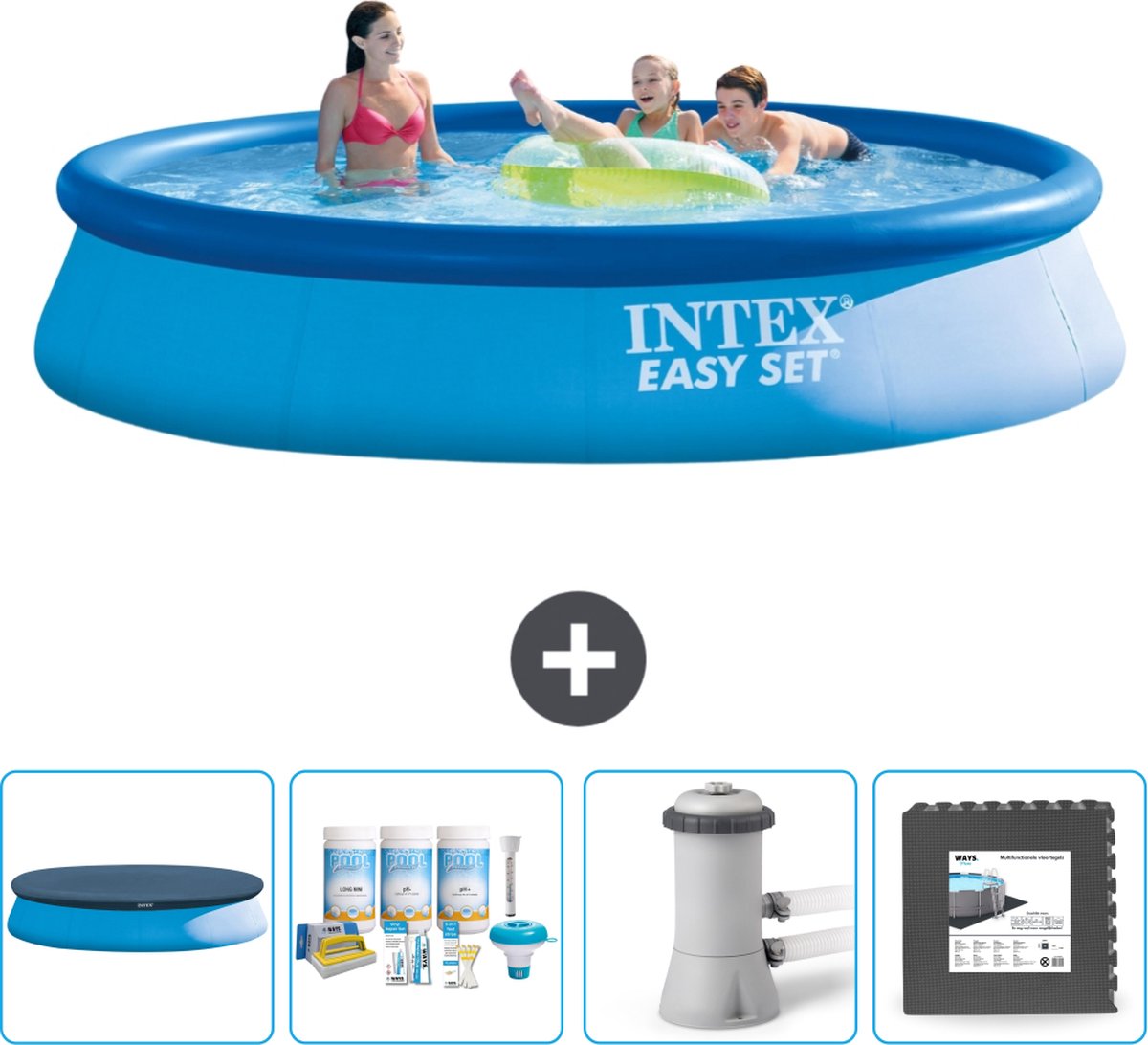 Intex Easy Set Intex Rond Opblaasbaar Easy Set Zwembad 396 x 84 cm Blauw Inclusief Afdekzeil Onderhoudspakket Zwembadfilterpomp Vloertegels