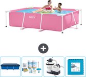 Intex Rechthoekig Frame Zwembad - 220 x 150 x 60 cm - Roze - Inclusief Afdekzeil - Onderhoudspakket - Zwembadfilterpomp - Vloertegels