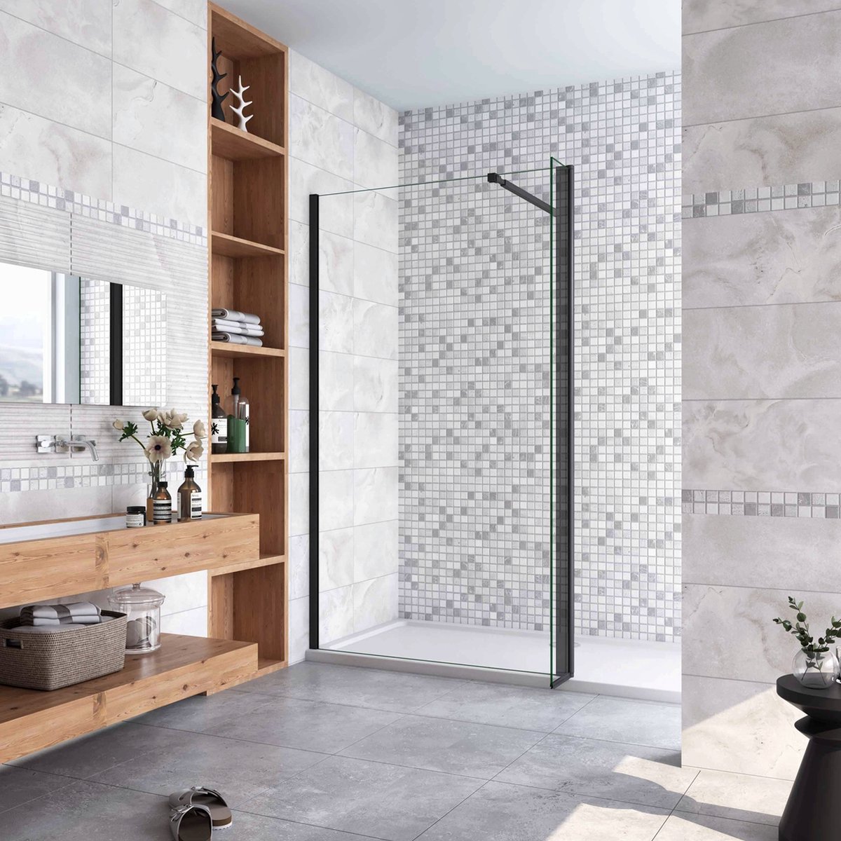 130x200cm zwarte inloopdouche + 30x200cm draaibaar hoekprofiel +73-120cm Stabilisatiestang 8mm EasyClean veiligheidsglas