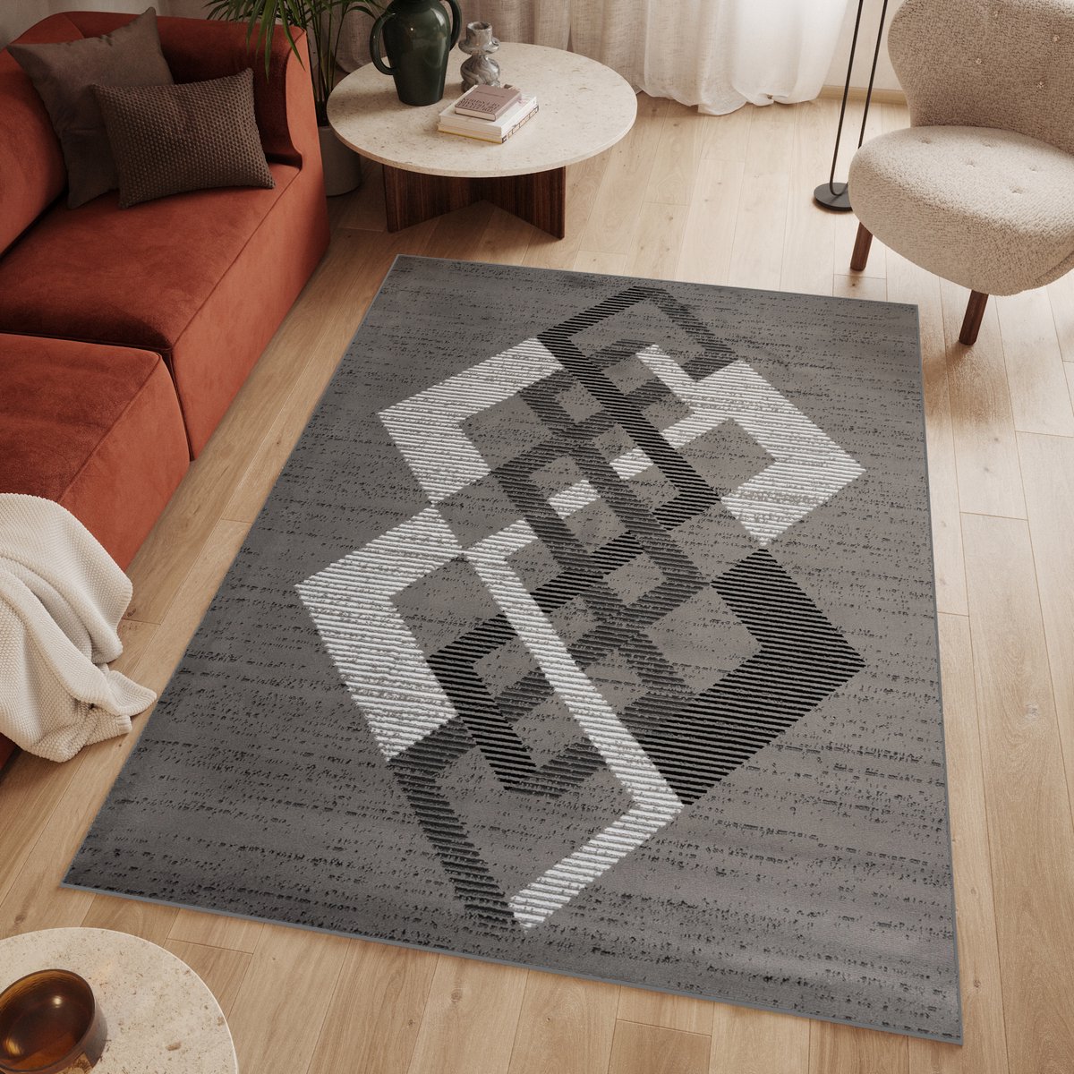 Tapiso Luxury Vloerkleed Grijs Laagpolig Woonkamer Geometrisch Slaapkamer Tapijt Maat- 160x220 Grijs Geometrisch