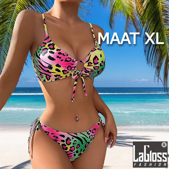 LaGloss® Neon Panter print Bikini- zomer - beach swimsuit - strand bikini zwembad - 2-delig - Maat XL %%
