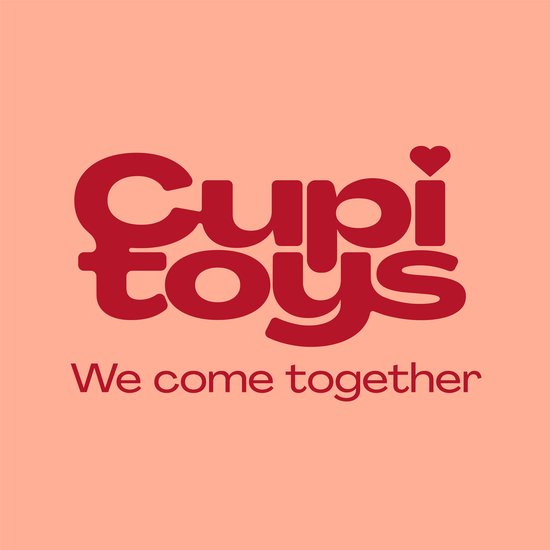 Logo 'Cupitoys We come together' in rode letters op een perzikkleurige achtergrond.