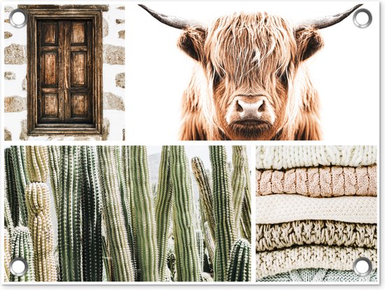 Tuin decoratie Schotse hooglander - Collage - Cactus - Trui - 40x30 cm - Tuindoek - Buitenposter