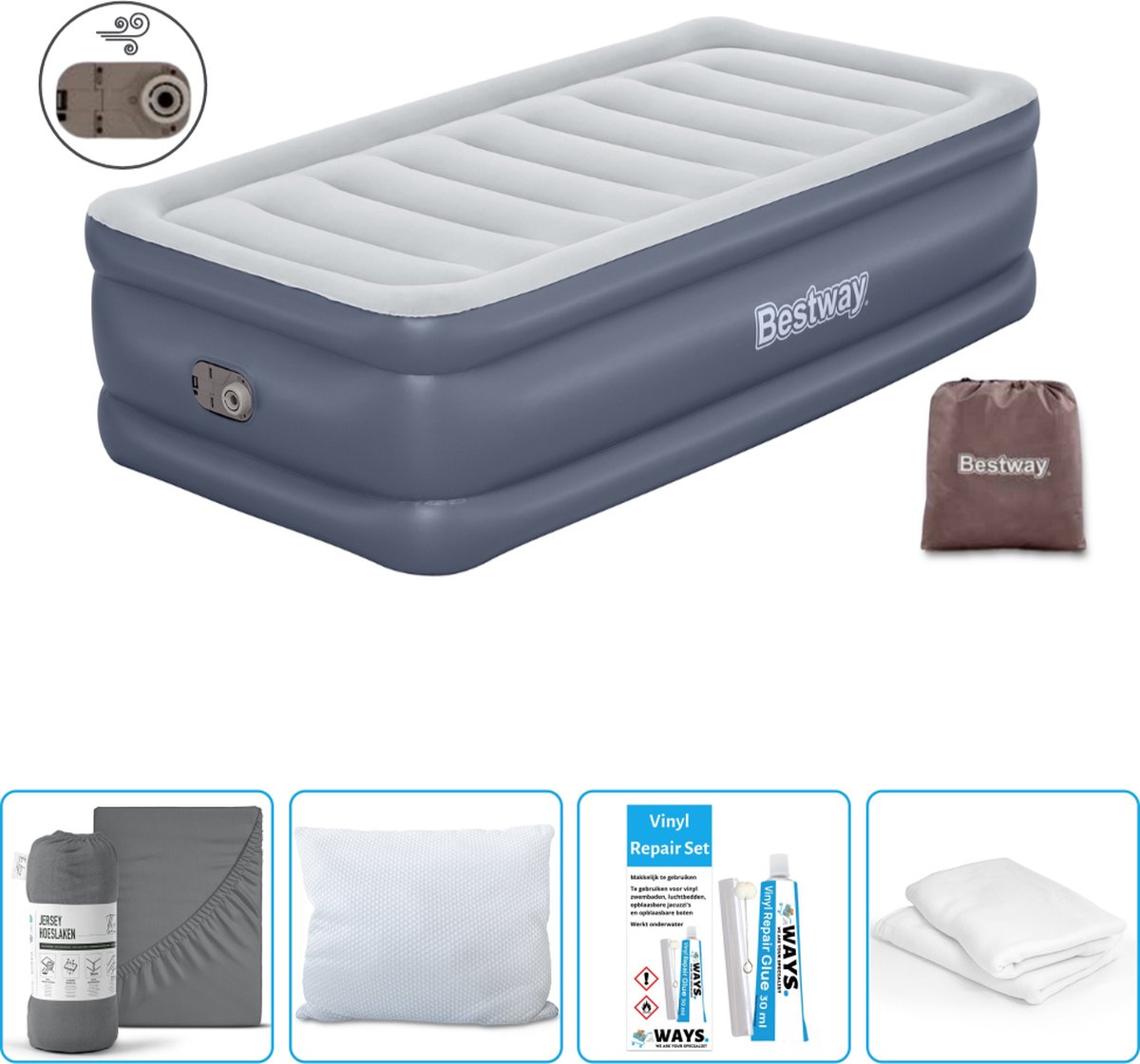 Bestway luchtbed - 1-Persoons - 97 x 191 x 51 cm - Grijs - Inclusief pomp - Hoeslaken - Kussen - Kussenbeschermer en Reparatieset