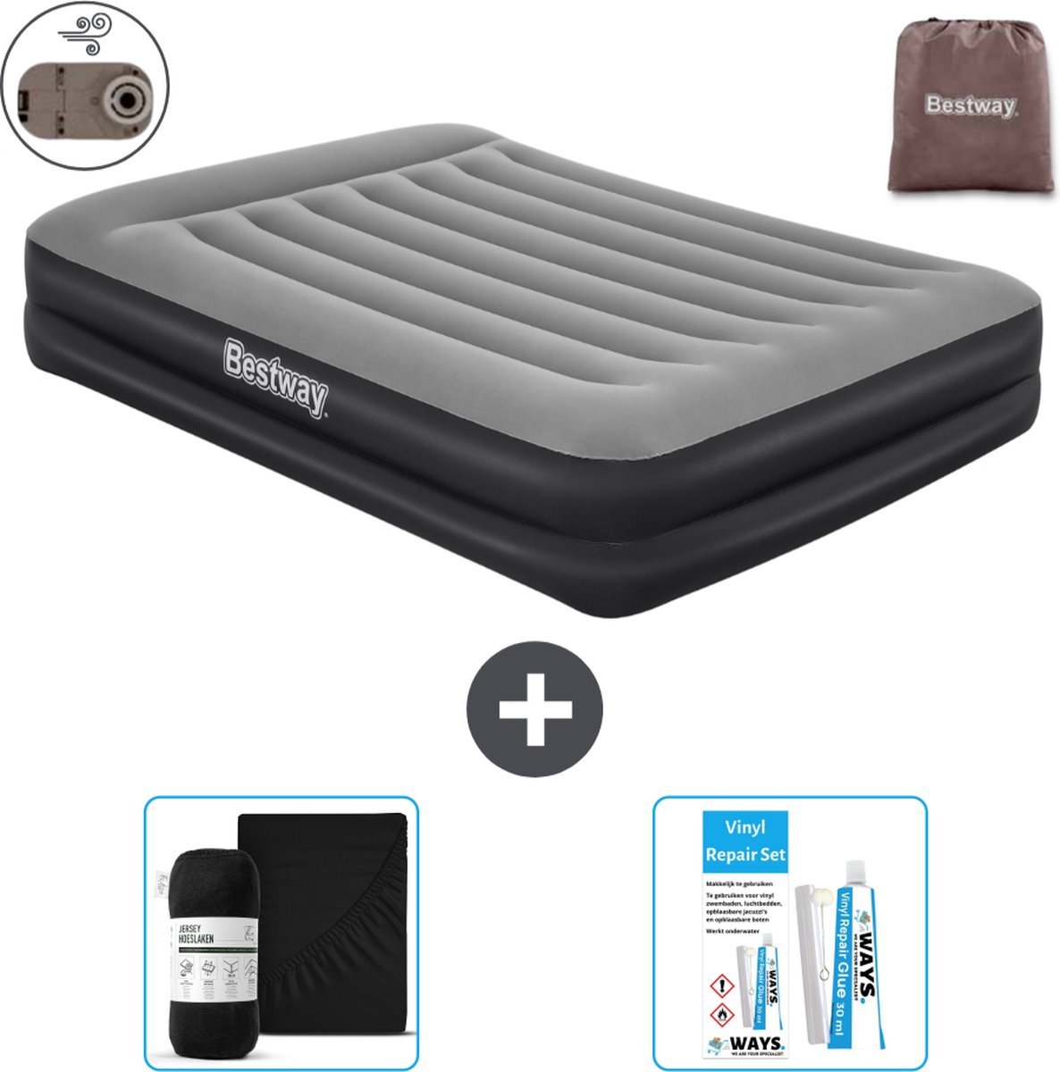 Bestway luchtbed - 2-Persoons - 152 x 203 x 46 cm - Grijs - Inclusief pomp - Hoeslaken en Reparatieset