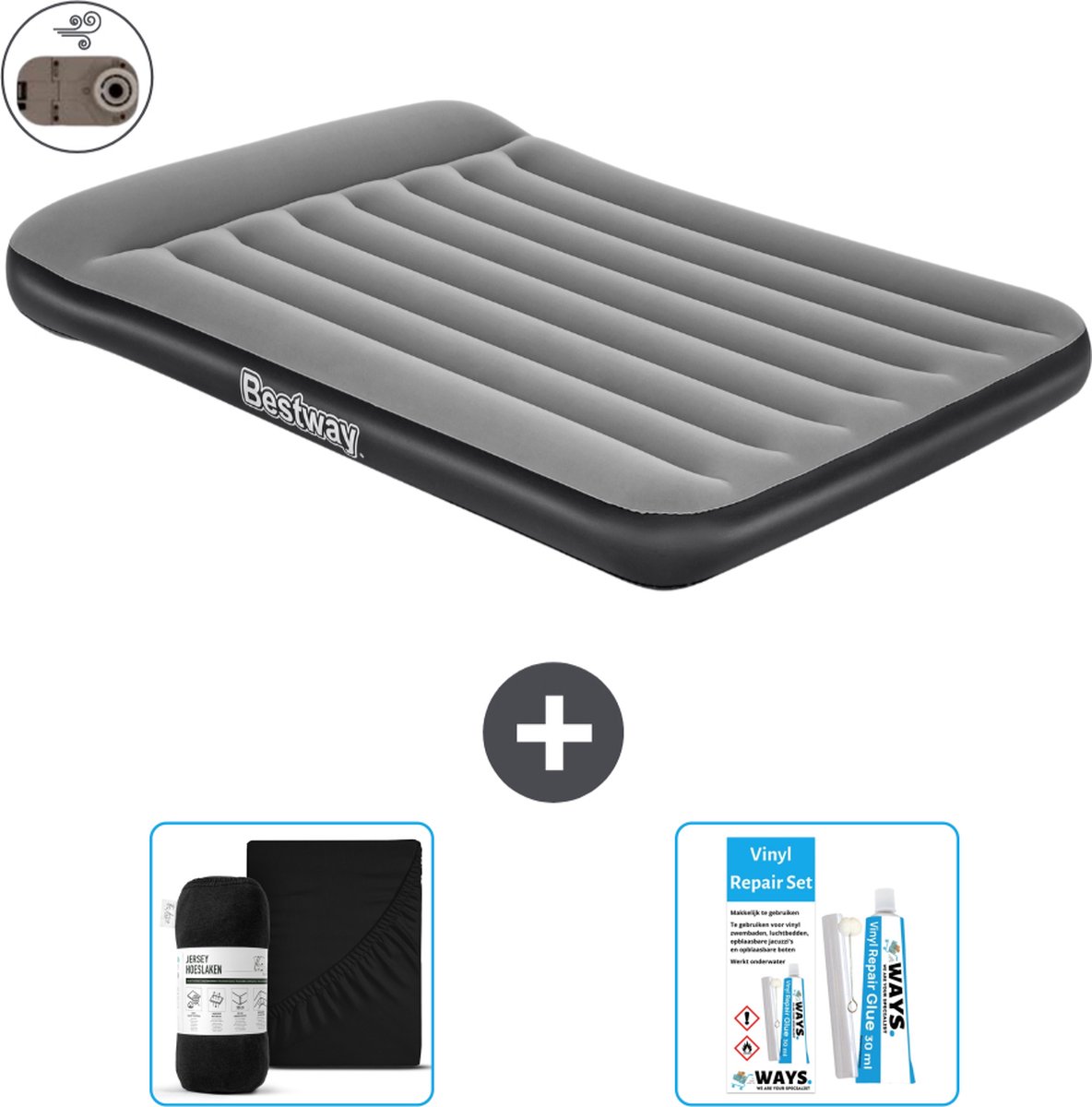 Bestway luchtbed - Twijfelaar - 137 x 191 x 30 cm - Grijs - Inclusief pomp - Hoeslaken en Reparatieset