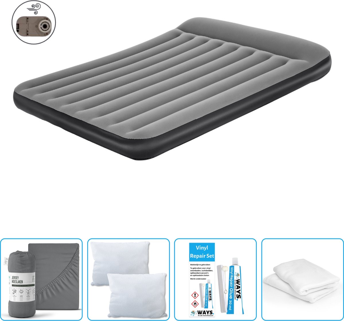Bestway luchtbed - 2-Persoons - 152 x 203 x 30 cm - Grijs - Inclusief pomp - Hoeslaken - Kussen - Kussenbeschermer en Reparatieset