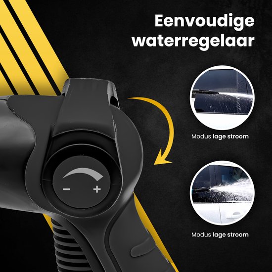 Zwart pistool met knoppen voor waterregeling en beelden van waterspuiten op een auto.