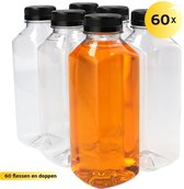 60x Sapfles Plastic 500 ml - Vierkant - PET Flessen met Dop, Sapflessen, Plastic Flesjes Navulbaar, Smoothie Sap Fles - Kunststof BPA-vrij - Rond - Set van 60 Stuks