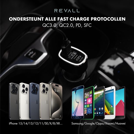 Zwarte REvall autolader met 3 USB-poorten. Naast de autolader, rij van iPhones en smartphones van Samsung, Google, Oppo, Xiaomi, Huawei.