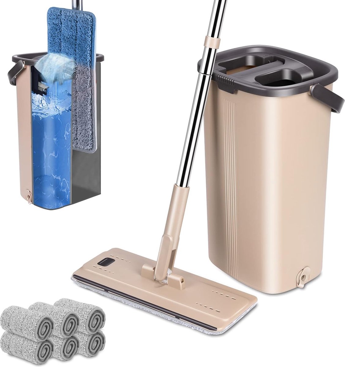 Dweilmopset met emmer en platte vloerwisser 6 dweilpads voor nat en droog gebruik microvezel-moppen voor hardhout laminaat tegelvloeren