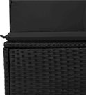 Détail de la structure tressée de la chaise en rotin noir avec coussin noir.