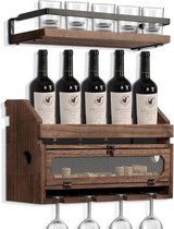 Wand wijnrek van hout met glashouder en plank - Rustiek design voor keuken en bar