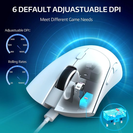 Witte gamingmuis met transparant deel dat de interne componenten toont, met "6 DEFAULT ADJUSTABLE DPI".
