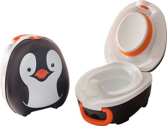 Een porta-potje in de vorm van een pinguïn, dicht en geopend, met oranje accenten.