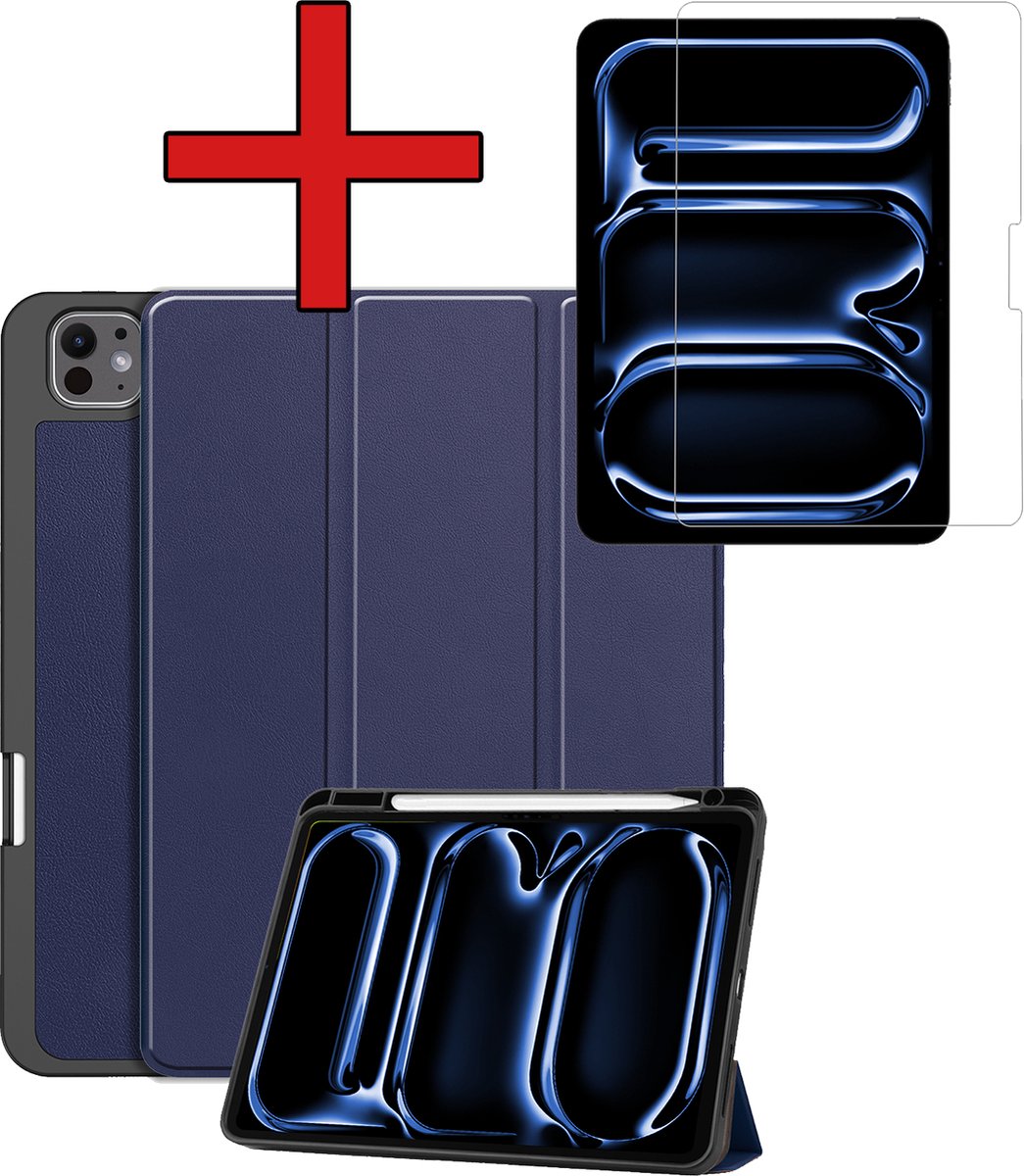 Hoesje - Geschikt voor Apple iPad Pro (2024/2025) - 11 inch - Met Screenprotector - Trifold Bookcase Hoes - Hard Cover Case - Met Uitsparing Geschikt voor Apple Pencil - Hardcover Book - Tablethoes - Donkerblauw