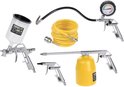 Set met 5 gereedschappen: witte verfspuit, gele spiraalslang, zilverkleurig bandenvulpistool met manometer, zilverkleurig reinigingspistool en gele lans met reservoir.